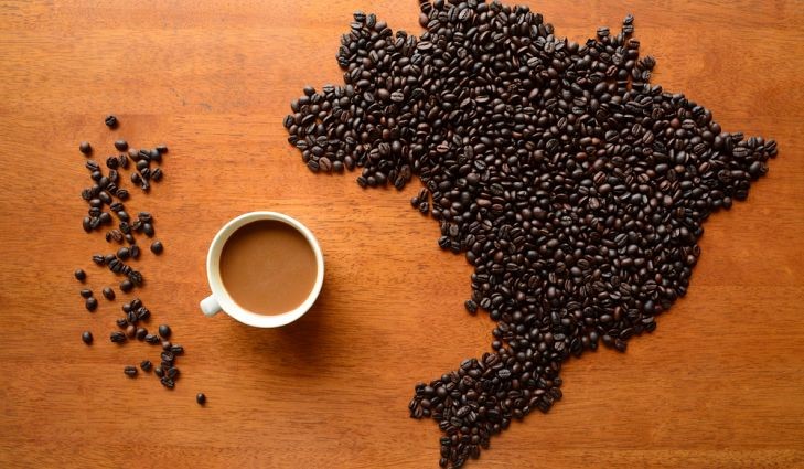 Coffee beans laid out on table with a full cup of coffee