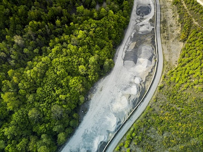 arial view of green trees, a road, and water flowing