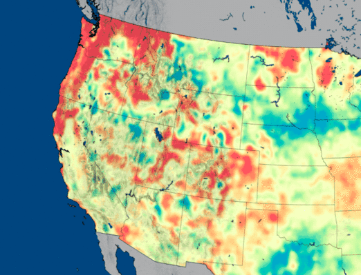 Global Groundwater Maps and U.S. Drought Forecasts: Satellite image showing groundwater storage hot zones in the United States